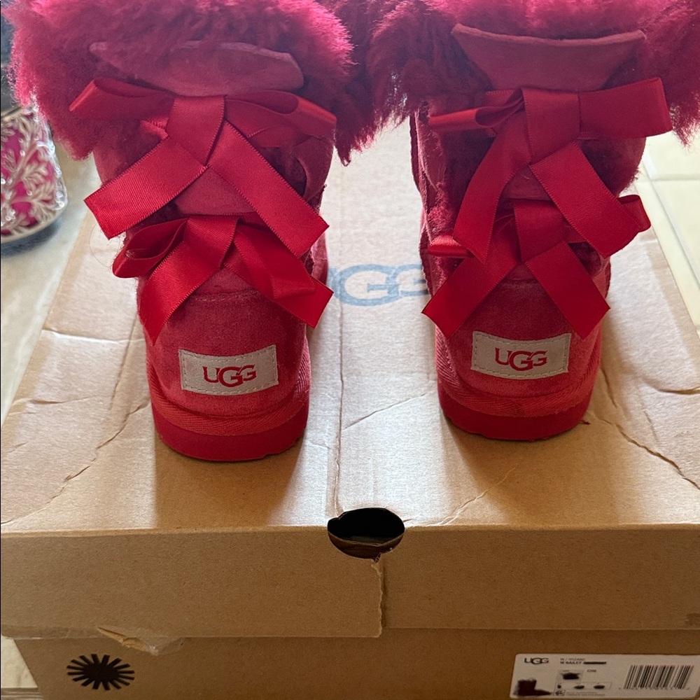 UGG Red Boots with Ribbon Accents